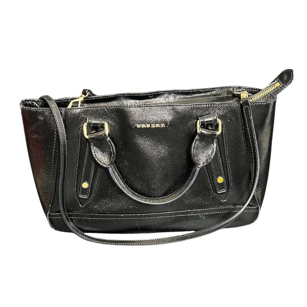 Burberry Satchel Bag Womens Medium Black Patent Leather Saffiano‎ Gold Hardware